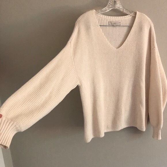 LOFT Cream Ribbed V-Neck Cotton Sweater - Picture 2 of 7